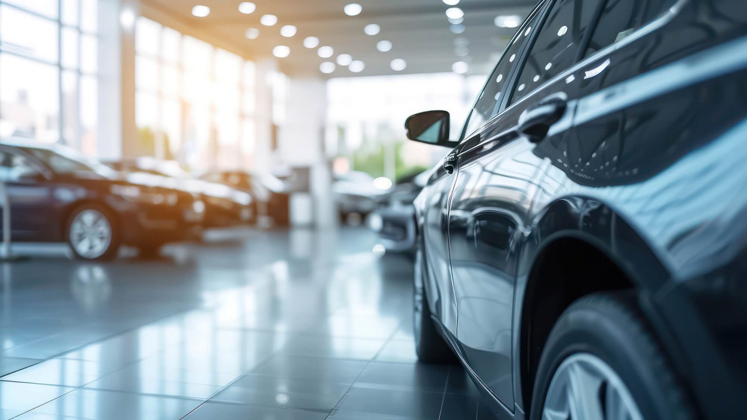 Closeup of the rear view of a black SUV within a dealership with additional cars displayed inside a well-lit dealership with large windows.