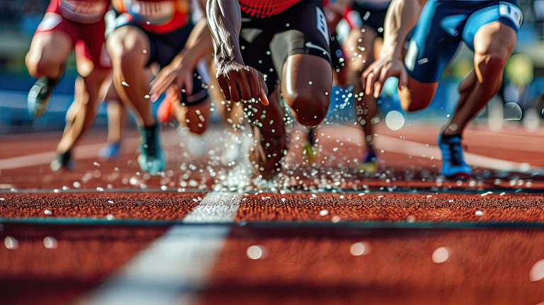 Close-up of sprinters' hands and feet digging into the track as they start a race, with debris flying.